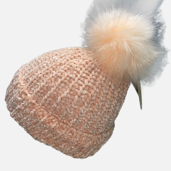 Peach Fuzz Knit Chenille Fold-over Beanie with Faux Fur Pom Pom - Picture 2 of 11